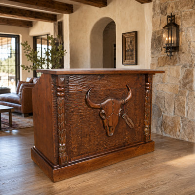 Western Hand-Carved Home Bar with Cow Skull Detail