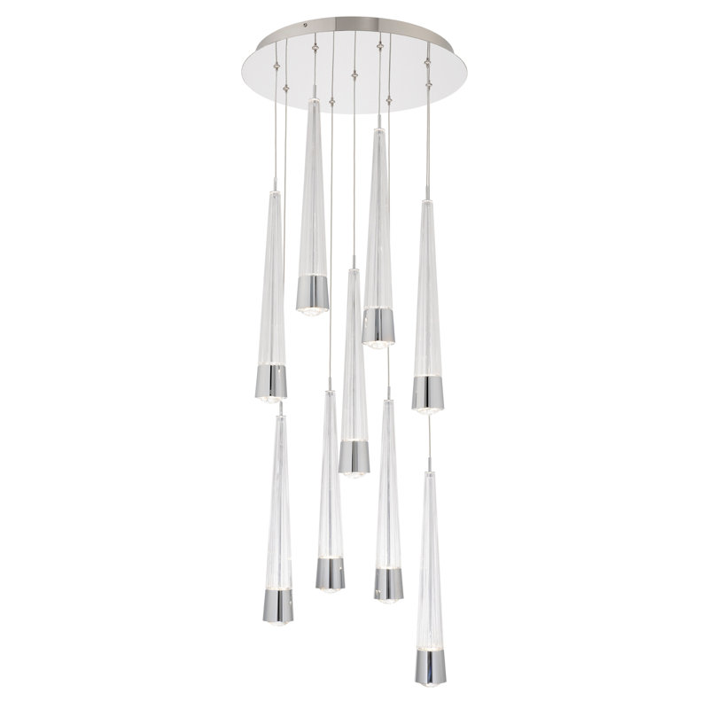 Luminaire suspendu grappe 9 lumières DEL Quill, Chrome
