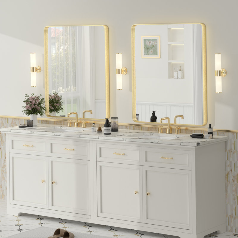 Molly Tempered Glass and Metal Framed French Cleat Mounted Wall Bathroom / Vanity Mirror, 36" x 30", Gold