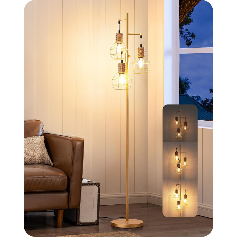 EDISHINE Dimmable Farmhouse Floor Lamp With 3 LED Edison Bulbs, Industrial Rustic Rattan Standing Lamp For Living Room, Bedroom, Office, Gold
