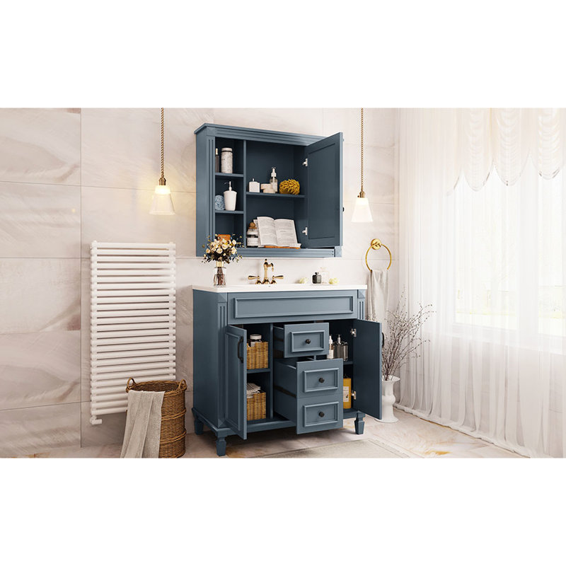 Meuble-lavabo de salle de bain avec lavabo et miroir, armoire bleue 36 po, 2 portes, lavabo à tiroirs, portes à miroir royal et armoire de rangement