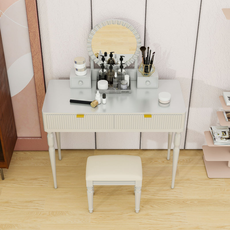 Vanity Desk with Upholstered Stool, Mirror and Storage Drawers, Silver