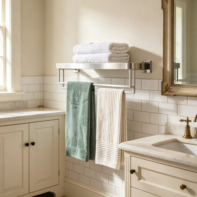 Étagère porte-serviettes murale à deux barres, en acier inoxydable SUS304, fini chromé poli, solution de rangement gain de place pour salle de bain et hôtel.