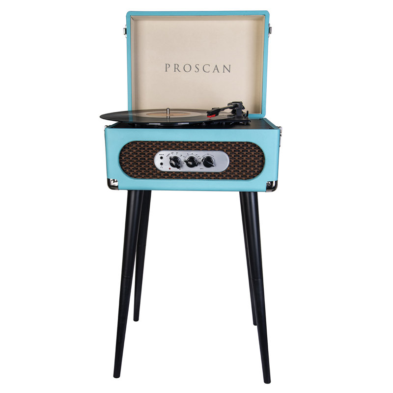 Proscan® 3-Speed Belt-Drive Manual Retro Bluetooth® Suitcase-Style Turntable With Built-In Speakers, FM Radio, Aux, 45-RPM Adapter & Stand, Blue