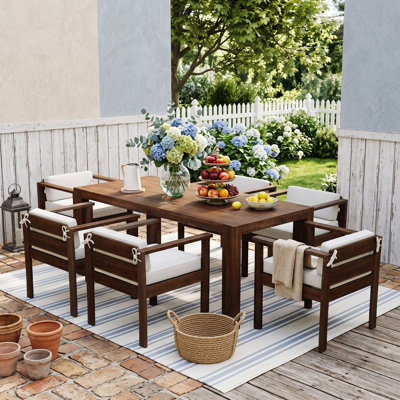 7-Piece Outdoor Patio Dining Table Set, Weather-Resistant Wood Table with Umbrella Hole and Cushioned Chairs