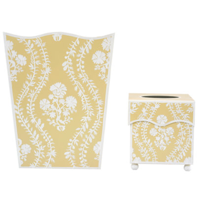 Butter Yellow Floral Trellis Tole Waste Basket & Tissue Box Set