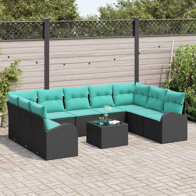 vidaXL Sofa Set with Cushion 10 pcs Black Synthetic: Poly Rattan, Blue Cushion/Black Frame