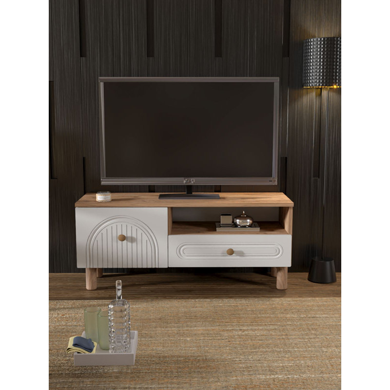 Modern TV Stand with Wall-Mount Option, Atlantic Pine & White, 40.9 x 18.5 x 13.8 inches | 100% Melamine Coated Chipboard, Thickness: 0.7 inches | Stylish Design with Multiple Shelves, Perfect for Scandinavian Home Décor