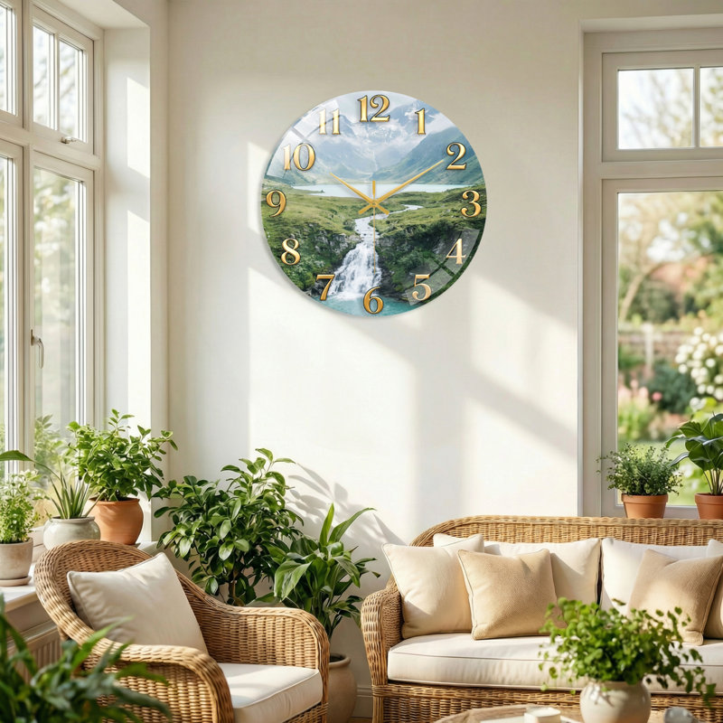 "Mountain Stream", horloge murale en verre, 40 x 40 cm (15,7 x 15,7 pouces)