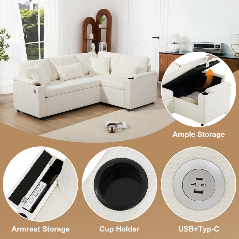 Chenille L-Shaped Extendable Convertible Corner Sofa with Storage, Cup Holders, USB Charging Port, Armrest Tray and 4 Cushions