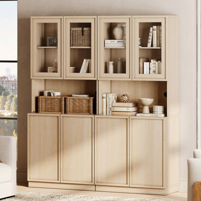 Modern 72" Tall Bookshelf with Glass Doors & Adjustable Shelves, Library Bookcase with Storage Cabinet and Glass Display Shelves, Wooden Bookcase for