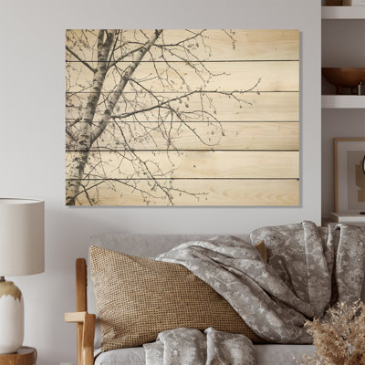 Arbre de bouleau gris minimaliste, art sur bois de pin naturel