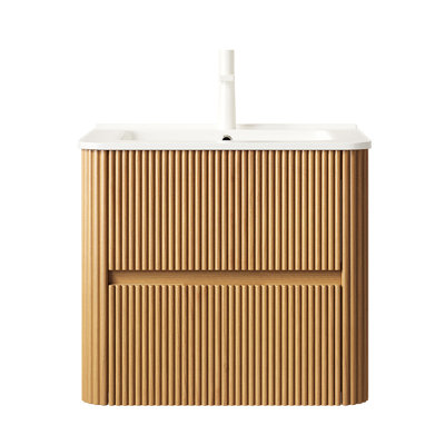 Bathroom Vanity with Sink, Wall-Mounted Floating Plywood Striped Bathroom Storage Cabinet with 2 Drawers, White Rectangle Ceramic Basin, NO Faucet, Pre-assembled