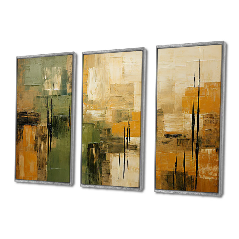 «Green Beige Wild Essence Collage I», art mural tachisme, H 32 po x l 48 po x P 1 po, Encadrement argenté