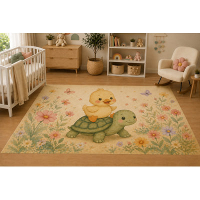 "Ultra Thin" 5' x 7'Baby Duck Riding Turtle Floral Area Rug for Nursery, Soft Low Pile Indoor Rug with Non-Slip Silicone Backing, Kids Room, Playroom, Kids & Pets, Beige Green