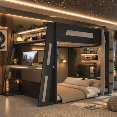 Grand lit superposé en bois avec bureau, deux tablettes de rangement, USB et lumière DEL, noir et rouge