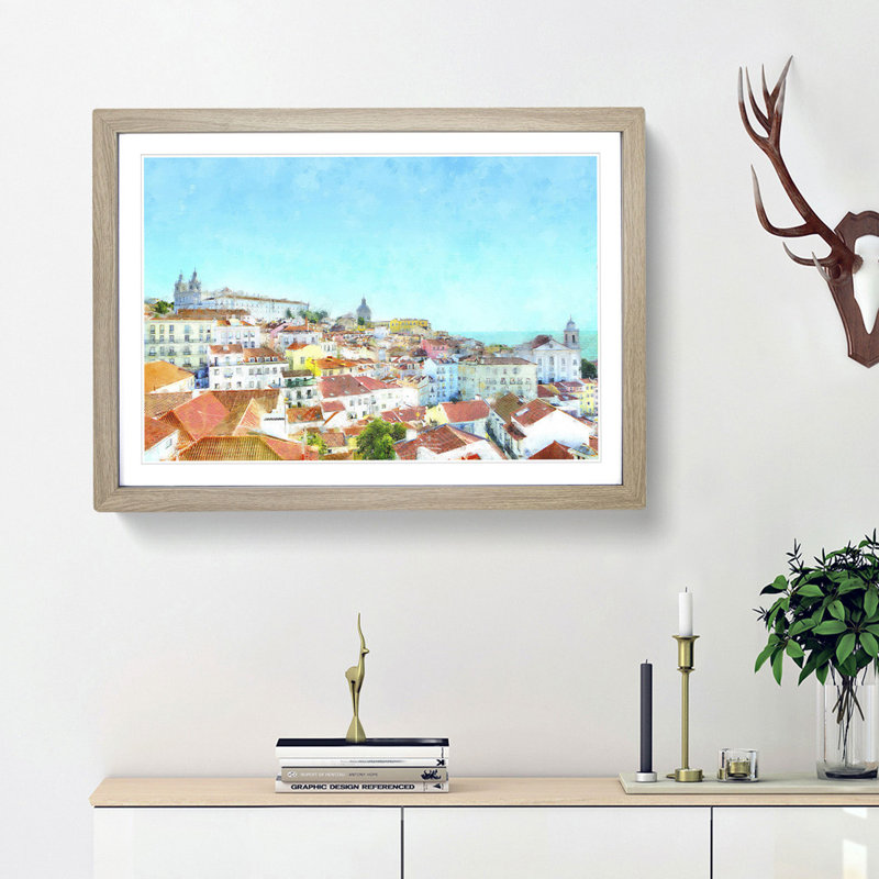 Skyline of Alfama Lisbon Portugal - Picture Frame Painting Print, Oak Framed, 62cm H x 87cm W x 2cm D