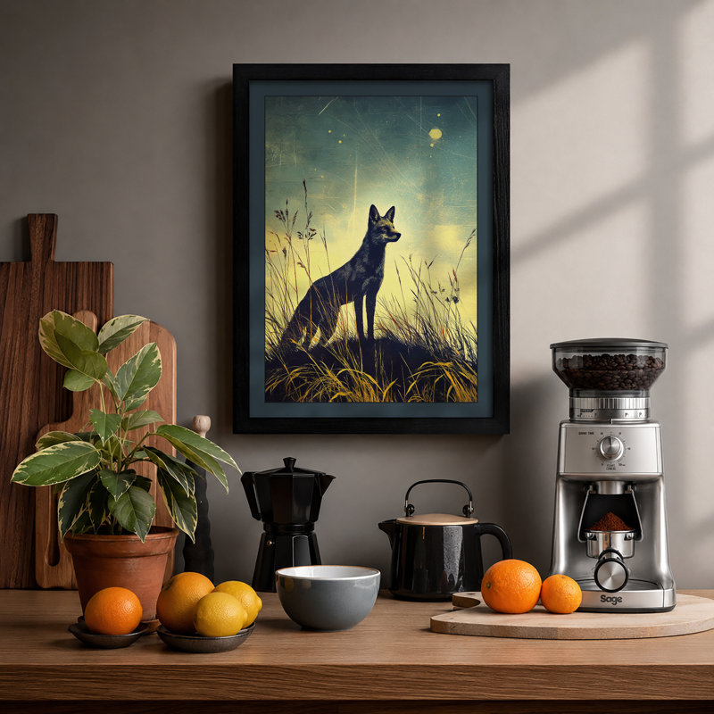 Wolf In Moonlight Japandi - Print, A2 - 59.4 x 42.0 cm, Black