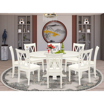  L'ensemble de table de salle à manger 9 pièces comprend une table de salle à manger avec plateau rond et 8 chaises de salle à manger en tissu de lin avec double dossier en X, blanc lin