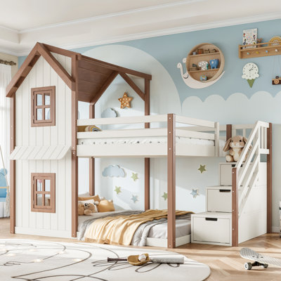 Full over Full Kids House Bunk Bed with Storage Stairs, Playhouse Roof & Windows, Solid Wood Frame, Beige & Natural