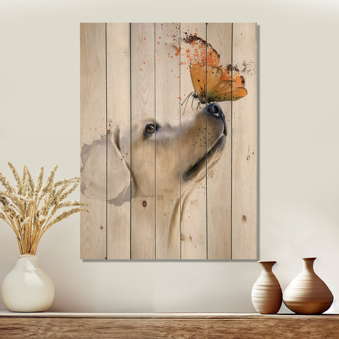 Golden Retriever Dog with Butterfly wood wall art East Urban Home