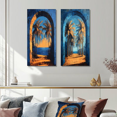 «Blue Orange Plam Trees Azure Archway I», ensemble de 2 palmiers et palmiers, art mural