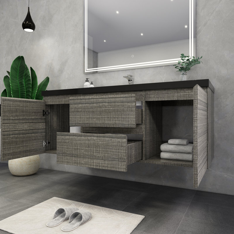 Castin 60" Wall-Mounted Single Bathroom Vanity Set, Glossy Ash Gray