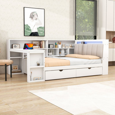 Lit de jour multifonctionnel avec bureau intégré, lumière RVB, tête de lit tapissier et tiroirs de rangement