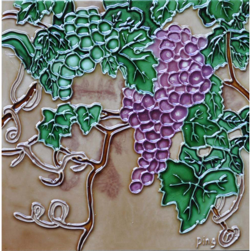 Handcrafted Ceramic Art Tile with Purple and Green Grapes