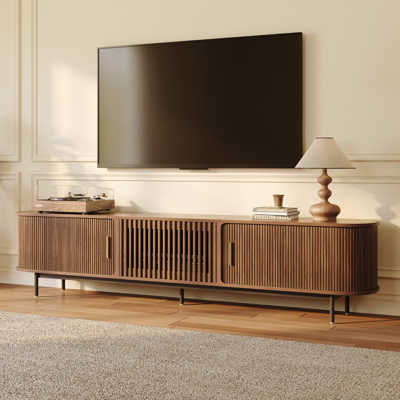 Mid-Century Modern TV Stand, Sliding Door, Fully Assembly, 21.25"H x 94"L x 15.75"W, Brown