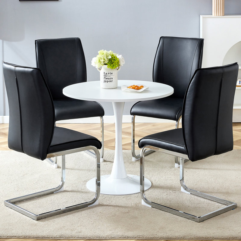  Ensemble de 5 petites tables de salle à manger rondes avec chaises rembourrées en polyuréthane et pieds arqués argentés, noir