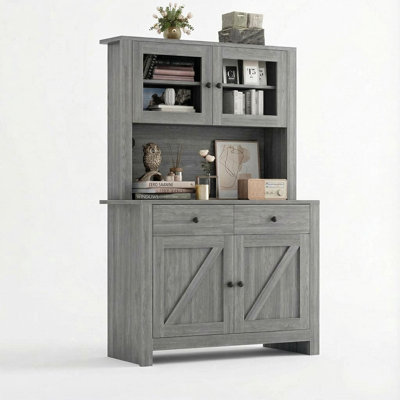 63" Kitchen Pantry Cabinet with Drawers and Hutch, Freestanding Tall Storage Cabinet with Adjustable Shelves and Microwave Stand by August Grove