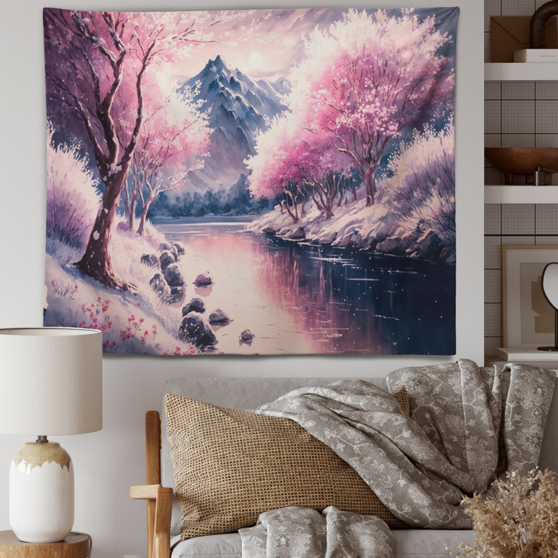 Paysage hivernal en rose magenta et bleu III - tapisserie, H 50 po x l 60 po