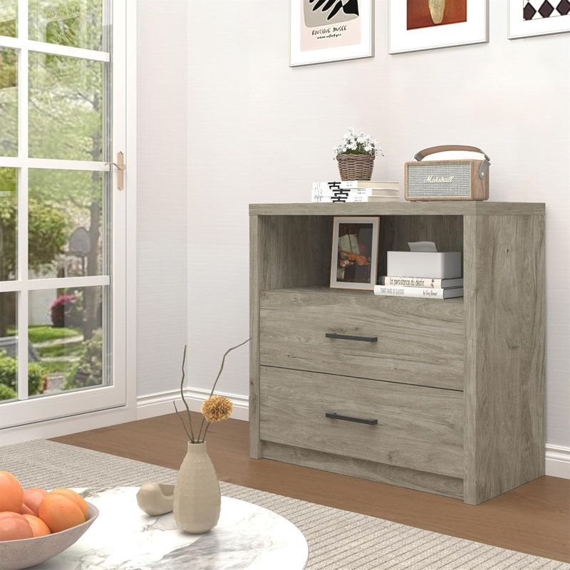 31.5" Wood Nightstand with Drawer & Shelf - Modern Bedside End Table, Gray Oak