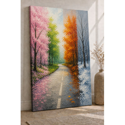 Large Seasonal Road Canvas Wall Art Spring Blossoms Autumn Fall Winter Scene Decor for Living Room Bedroom Nature Artwork 24x36 Inch Canvas Print - Ready to hang