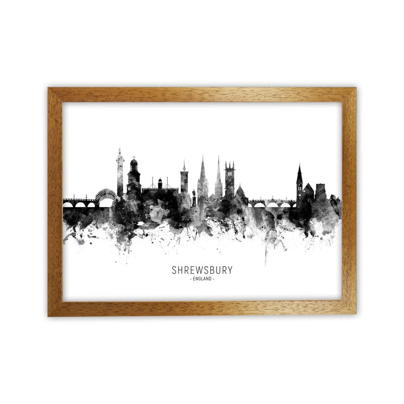 Shrewsbury England Skyline Black White City Name by Michael Tompsett - 1 Piece Wall Art, 25cm H x 34cm W x 3cm D