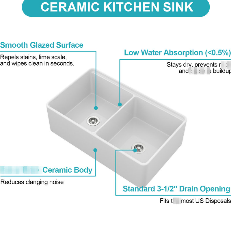 33" White Double Bowl Sink Workstation - Ceramic Material, Low Water Absorption, Resistance To Chips, Track As Workspace, Accessories In Package