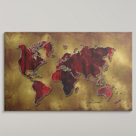 «Anjila World Map Red and Gold» par Megan Duncanson, impression, H 22 po x l 36 po x P 1,5 po, Toile