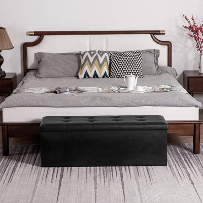 Banc de repose-pieds pliant en similicuir noir, siège rembourré avec rangement caché et cadre en panneau de fibres à densité moyenne, repose-pieds polyvalent et coffre de rangement pour la chambre à coucher, le salon, le dortoir et le vestibule