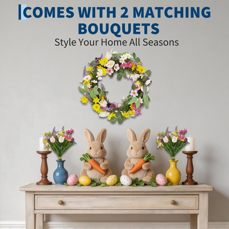 Couronne de printemps 24 po, couronne de porte tulipe lavande avec 2 bouquets décor maison de campagne, 4 po x 22,5 po