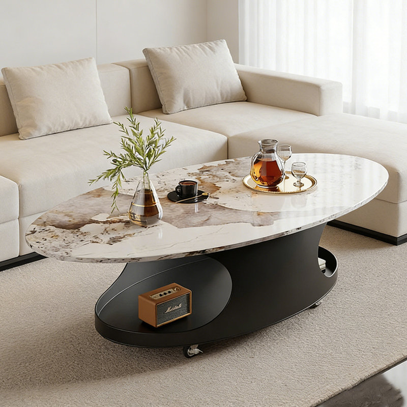 Table basse ovale simple avec poulie, 17,71 po H x 23,62 po P x 47,24 po L, Taupe/White Top/Black Base