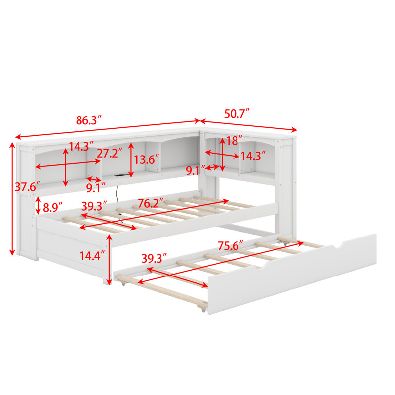 Lit de jour simple avec lit gigogne, armoires de rangement et ports USB, Blanc