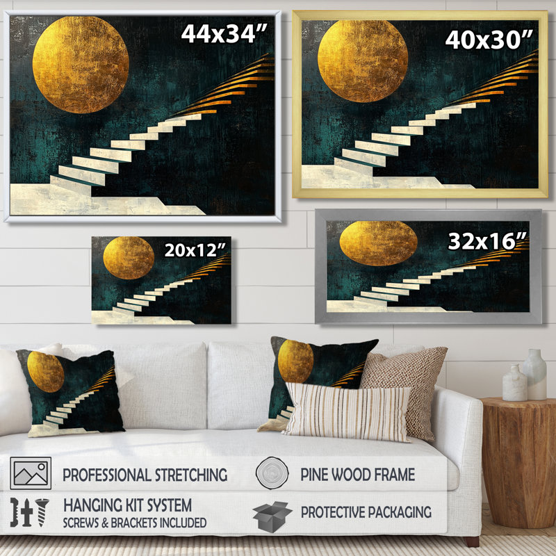 Lune sans limite dorée et noire - rêverie I - art mural géométrique abstrait pour le salon, H 12 po x l 20 po, Toile tendue