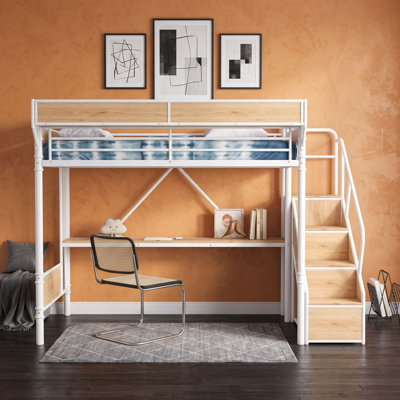 Lit mezzanine avec bureau intégré, prise de courant, éclairage DEL et garde-robe ouverte