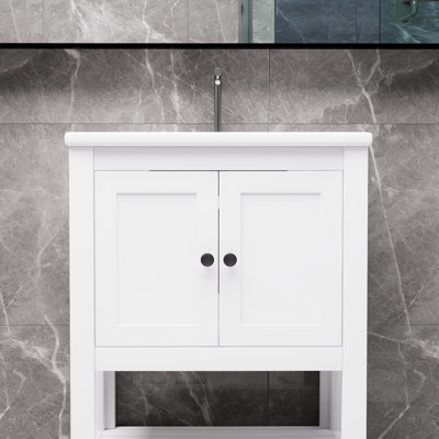 Blanc élégant meuble-lavabo moderne en céramique avec tablette ouverte en bois massif