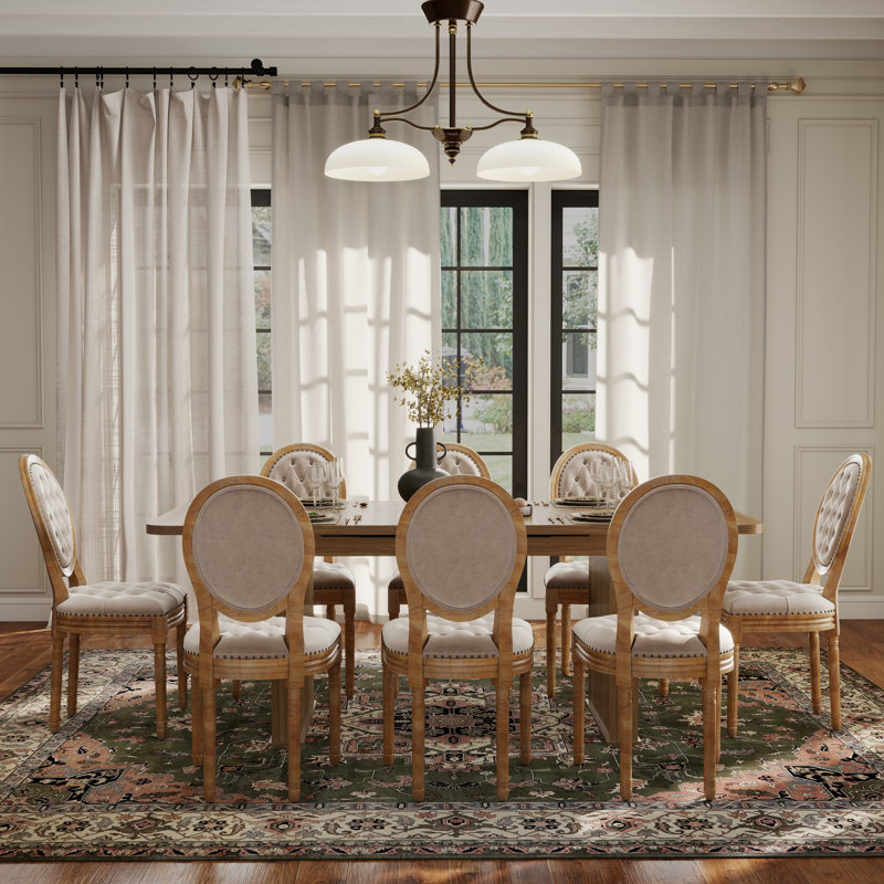 Mid-century Wood Rectangular Pedestal Dining Set with French Dininig Chair, Beige, 9 Pieces: Table, 8 Chairs