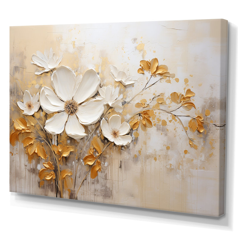 Fleurs saisonnières beiges et dorées en fleurs - Fleurs murales saisonnières, Toile tendue, H 30 po x l 40 po x P 1,5 po