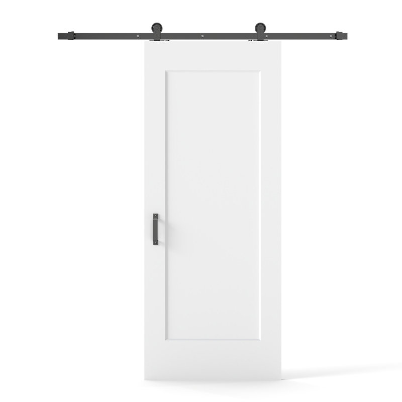 34"X84" White Primed 1-Panel Solid Core Sliding Barn Door With Installation Hardware Kit and One Sided Matte Black Pull(Door Slab Pre-assembled）