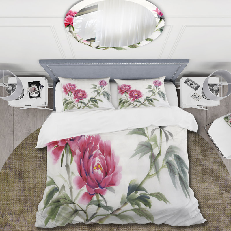 Trois pivoines rétro - ensemble de housse de couette traditionnel - microfibre de polyester