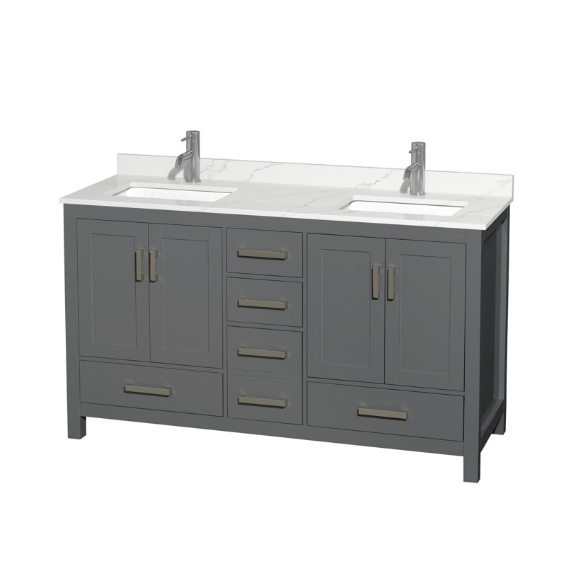 Meuble-lavabo double autoportant 60 po avec plateau en quartz Sheffield, Chrome, Gris foncé, Quartz Giotto